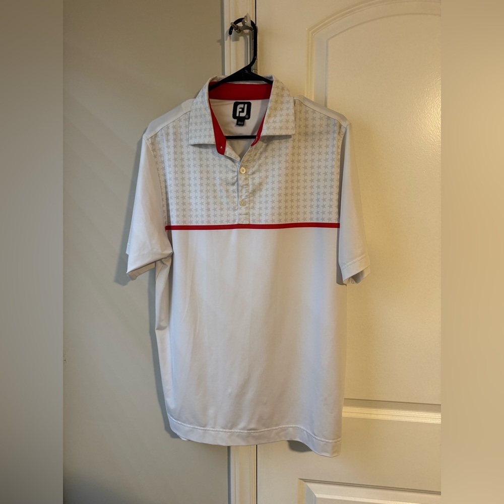 FootJoy Men's Polo Shirt in White with Red Trim - Size Small
